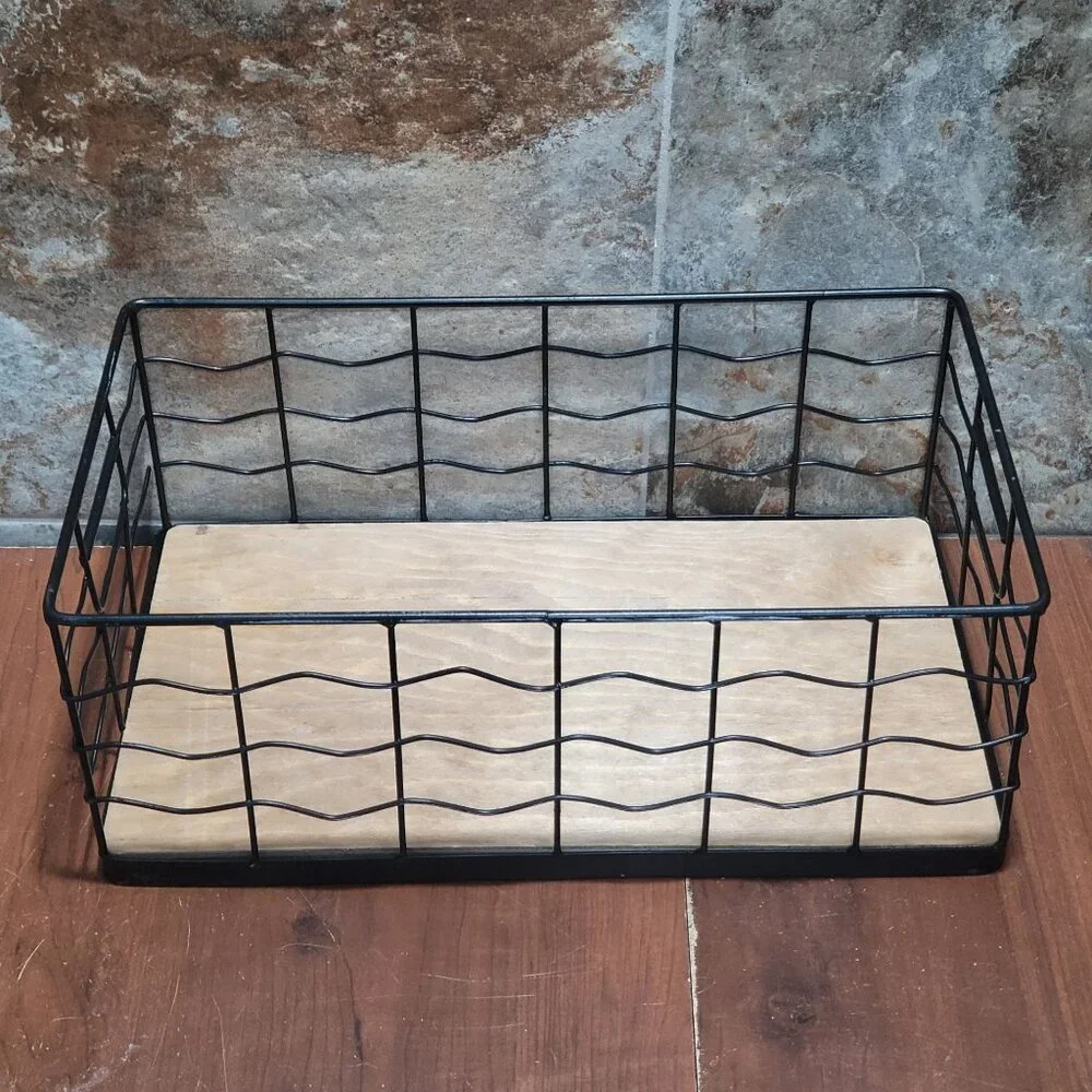 Decorative Black Wire Basket with Natural Wood Board Base